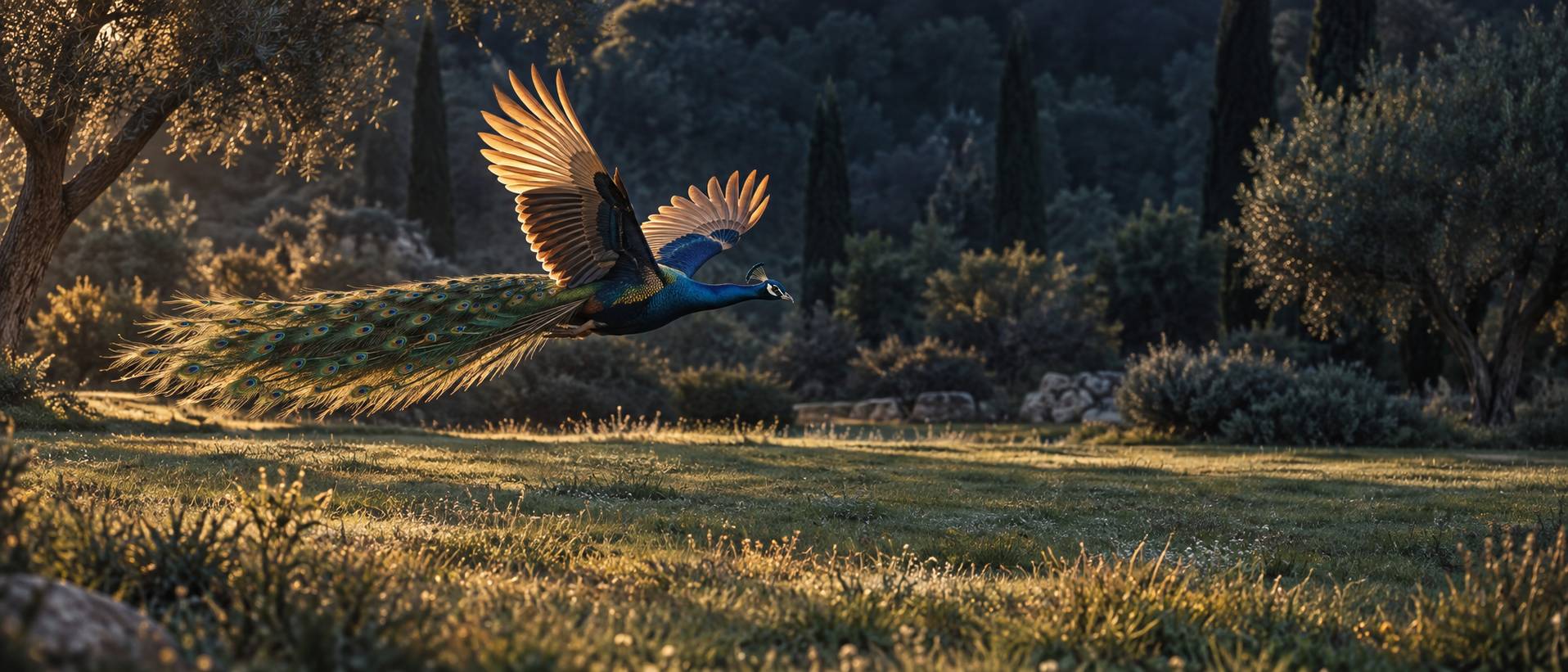 Paon en vol rasant au-dessus d'une pelouse, ailes deployees