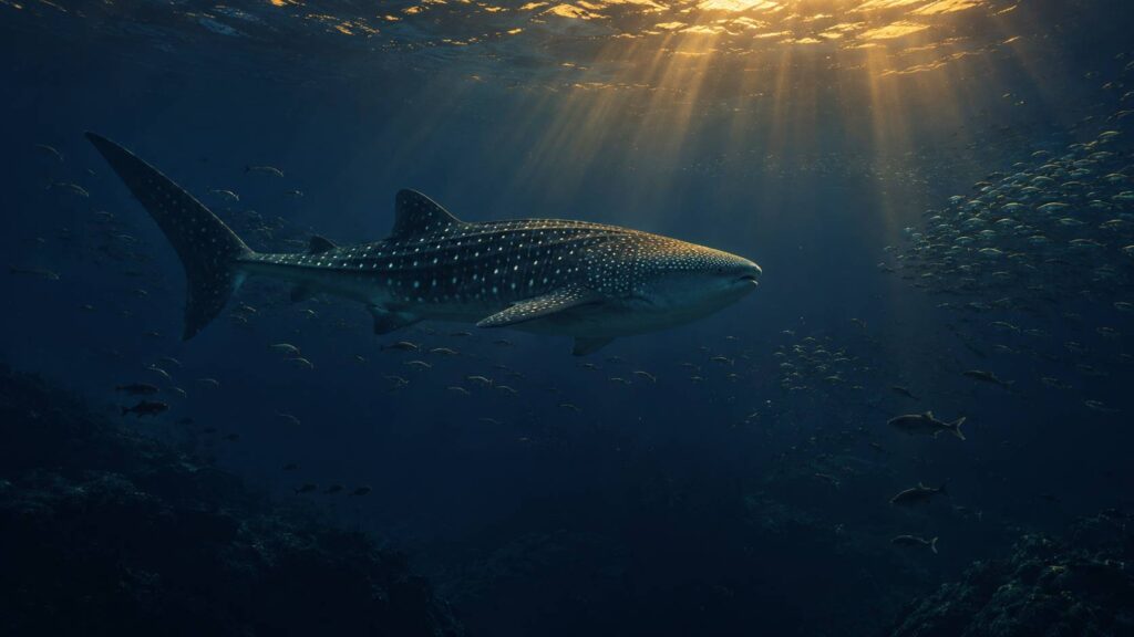 Requin-baleine generique de grande taille nageant en eau bleu profond