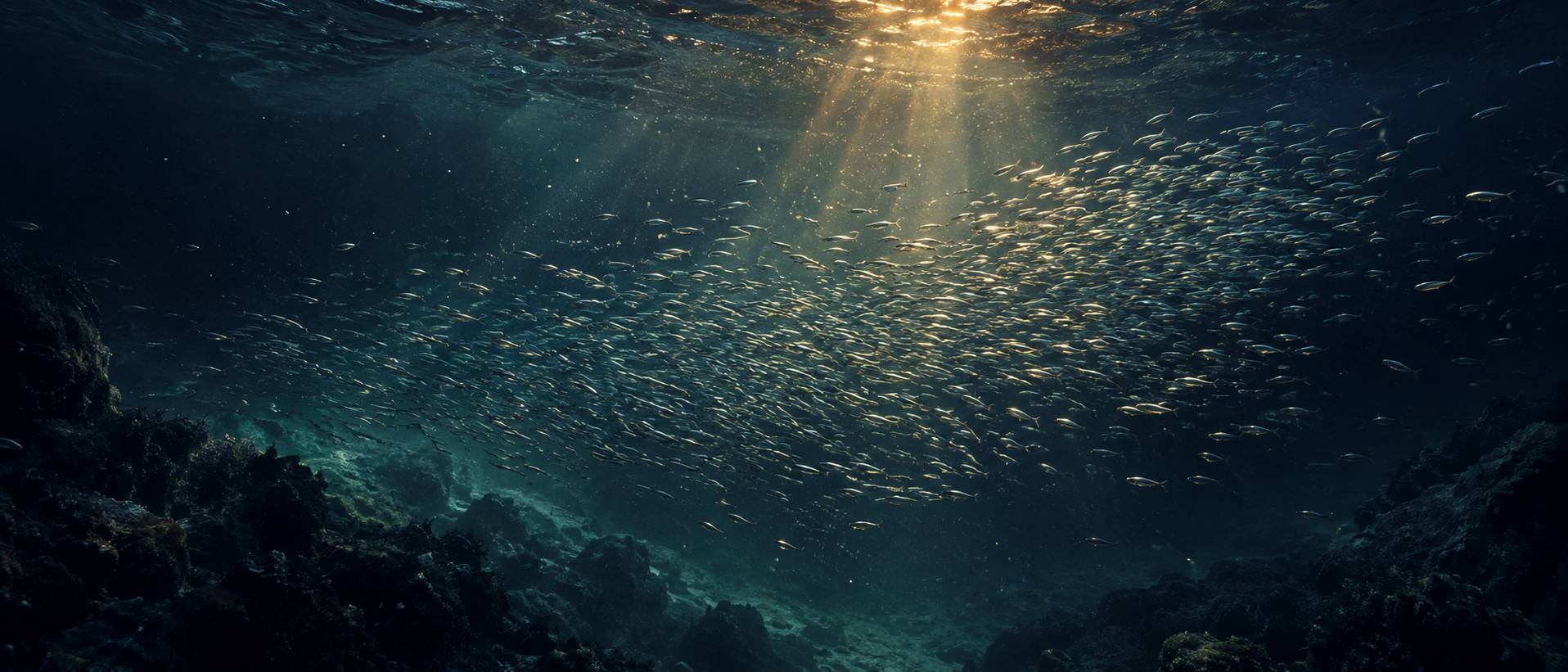 Banc de petits poissons planctoniques dans une eau claire