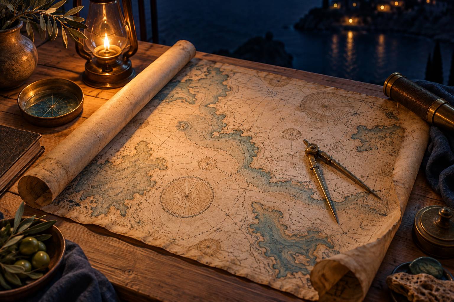 Carte nautique roullee et instrument de mesure en laiton sur un plan de travail