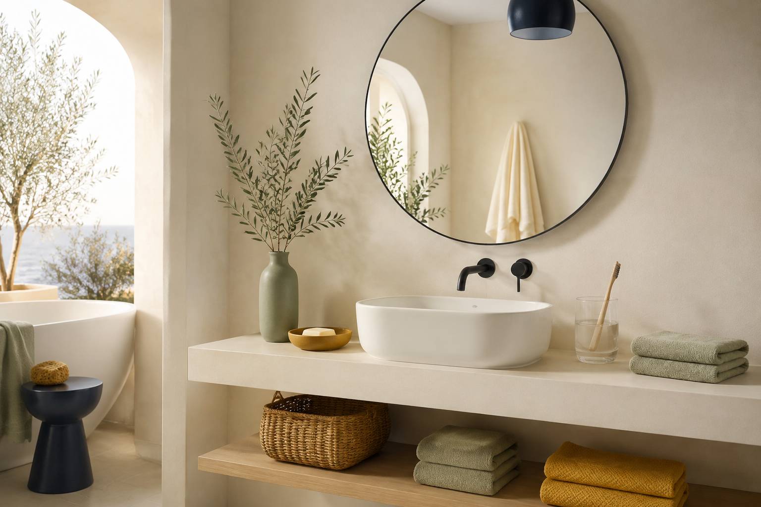 Miroir rond au-dessus d'un lavabo clair dans une salle de bain apaisante