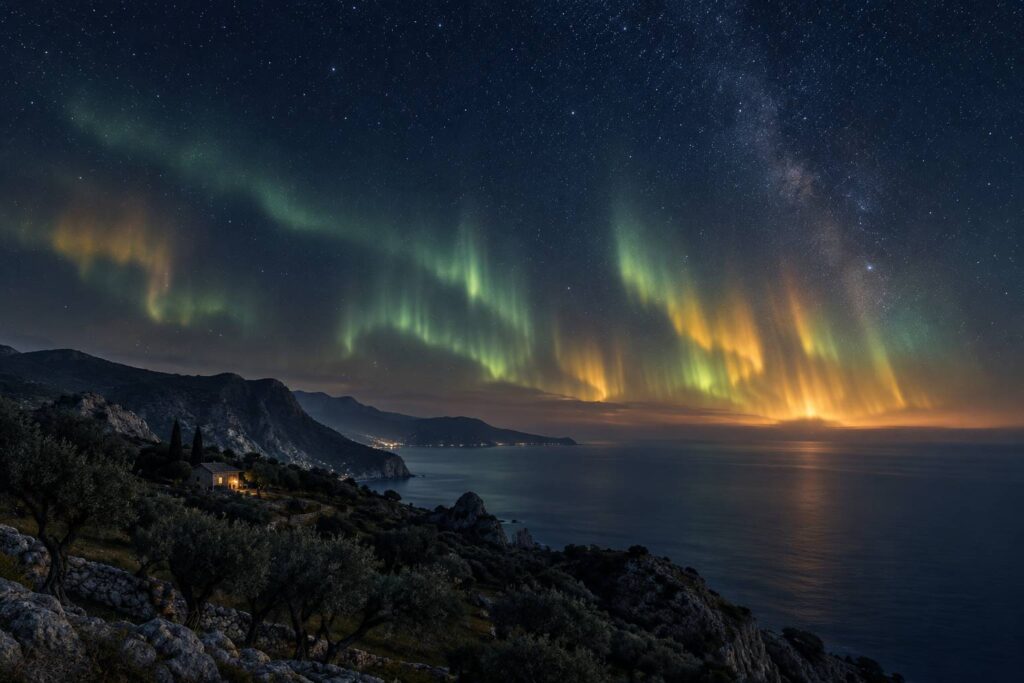 Illustration éditoriale du sujet : Spettacolare aurora boreale visibile in Italia: ci sarà un bis questa sera?