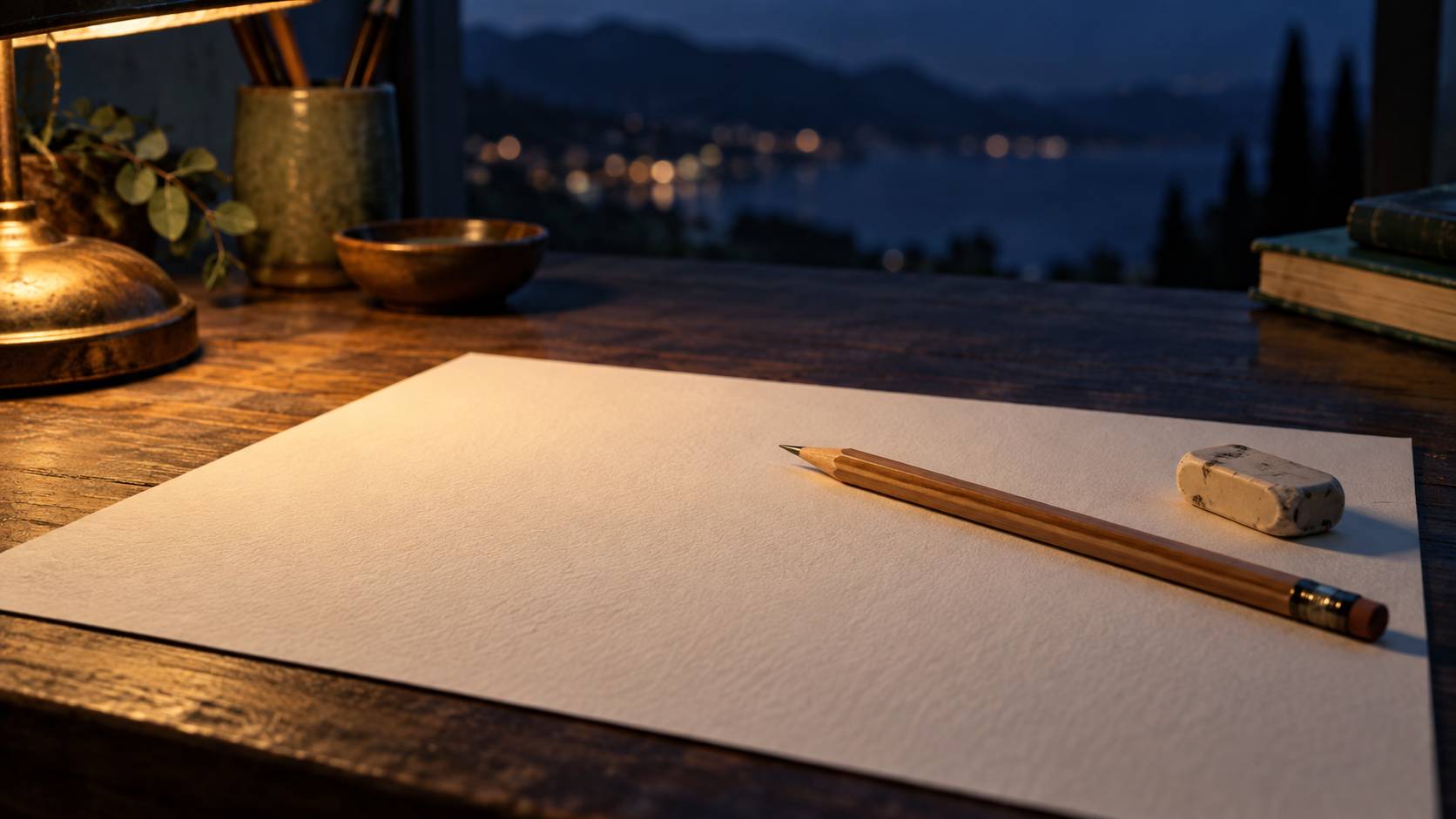 Feuille blanche vierge avec crayon taille et gomme sous une lampe chaude