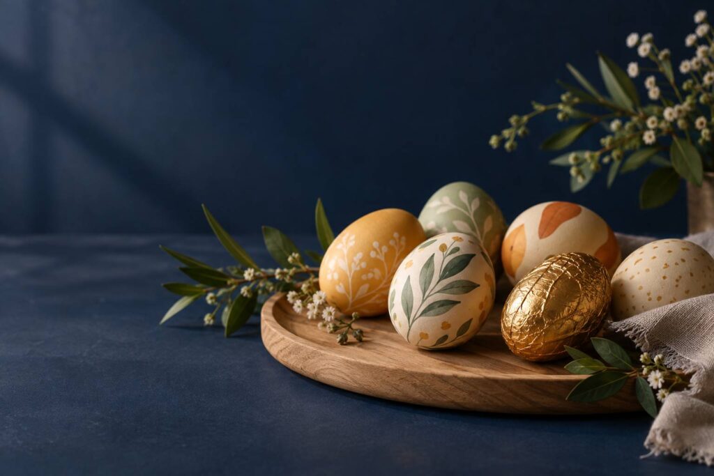 Oeufs decores pastel et oeuf en chocolat sur un plateau en bois clair