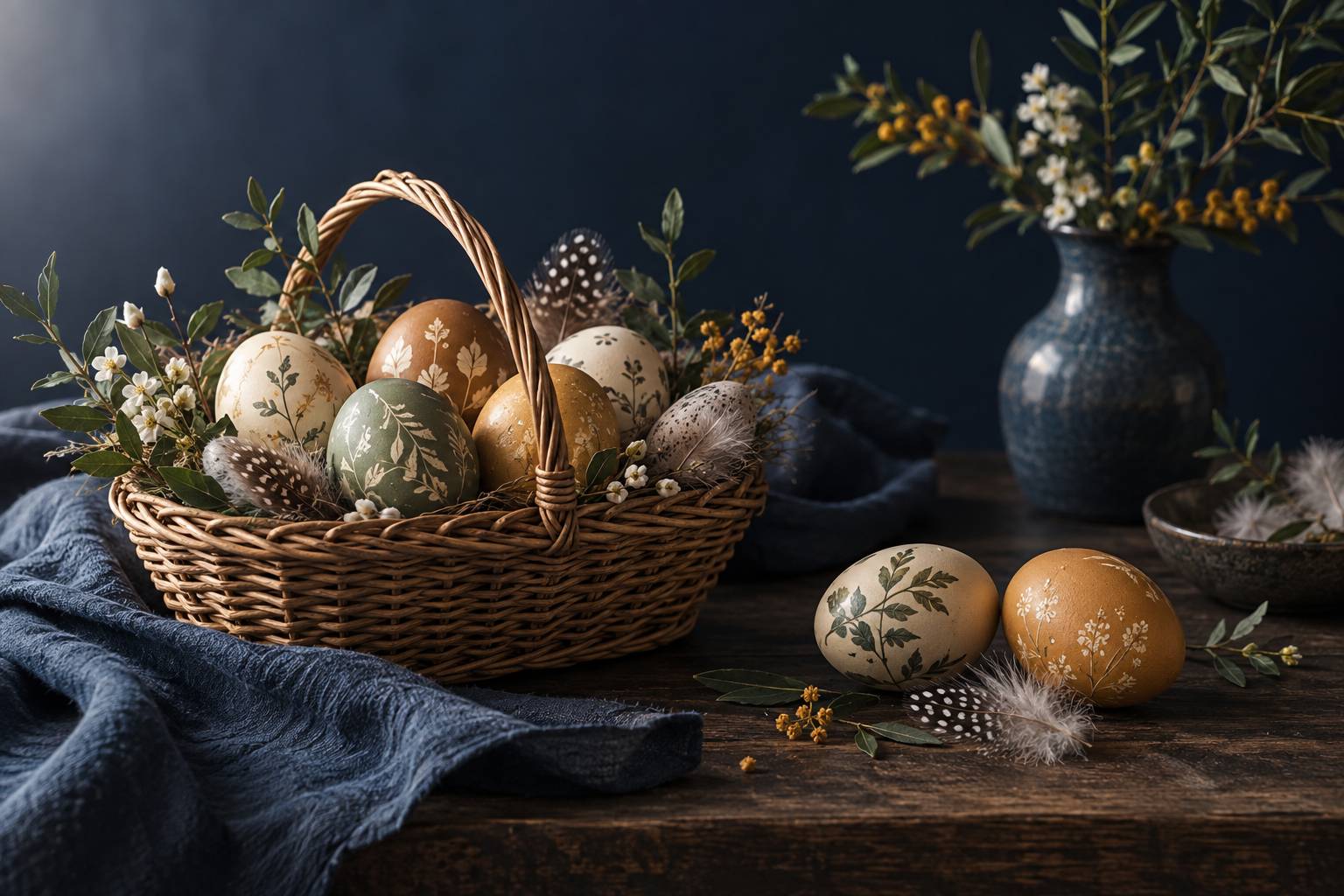 Oeufs peints aux teintes naturelles dans un panier en osier sur une table en bois