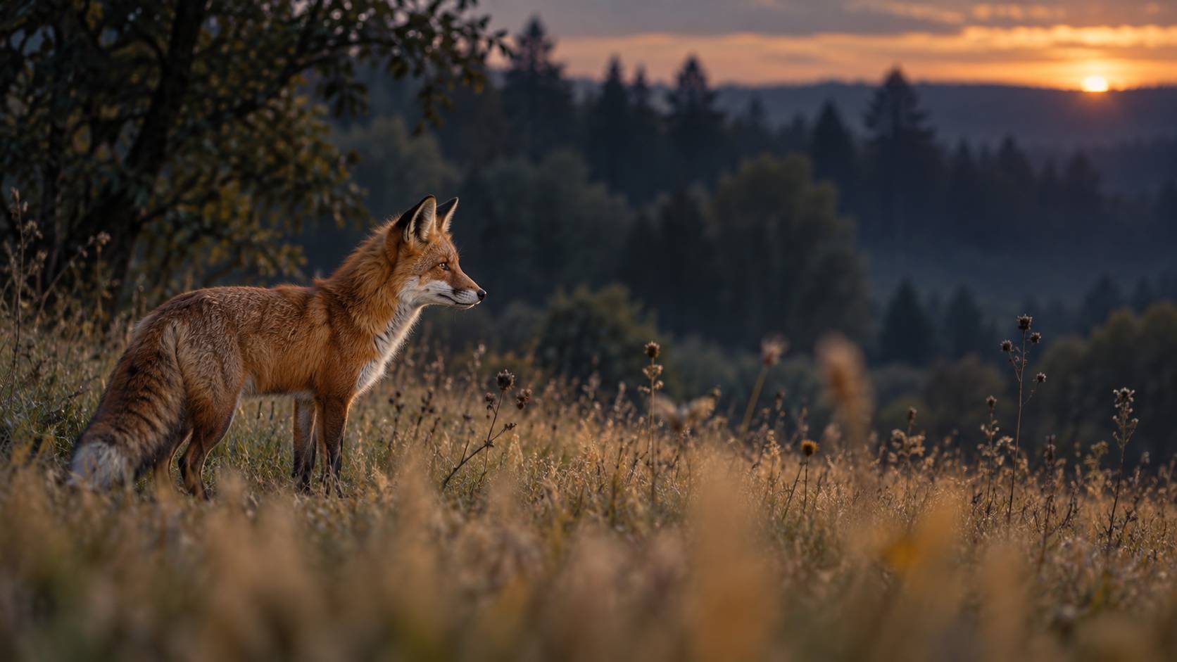 Renard roux de profil dans les hautes herbes