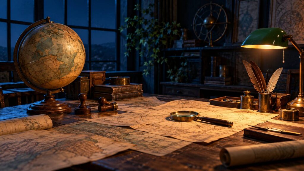 Globo antico, mappe sfocate, timbri e lente su una scrivania d'archivio in legno