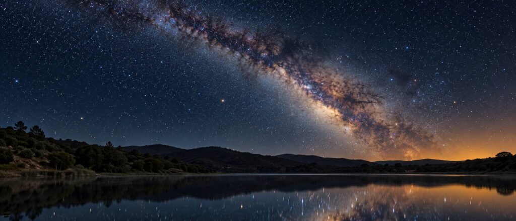 Ciel nocturne étoilé au-dessus de collines et d'un plan d'eau calme