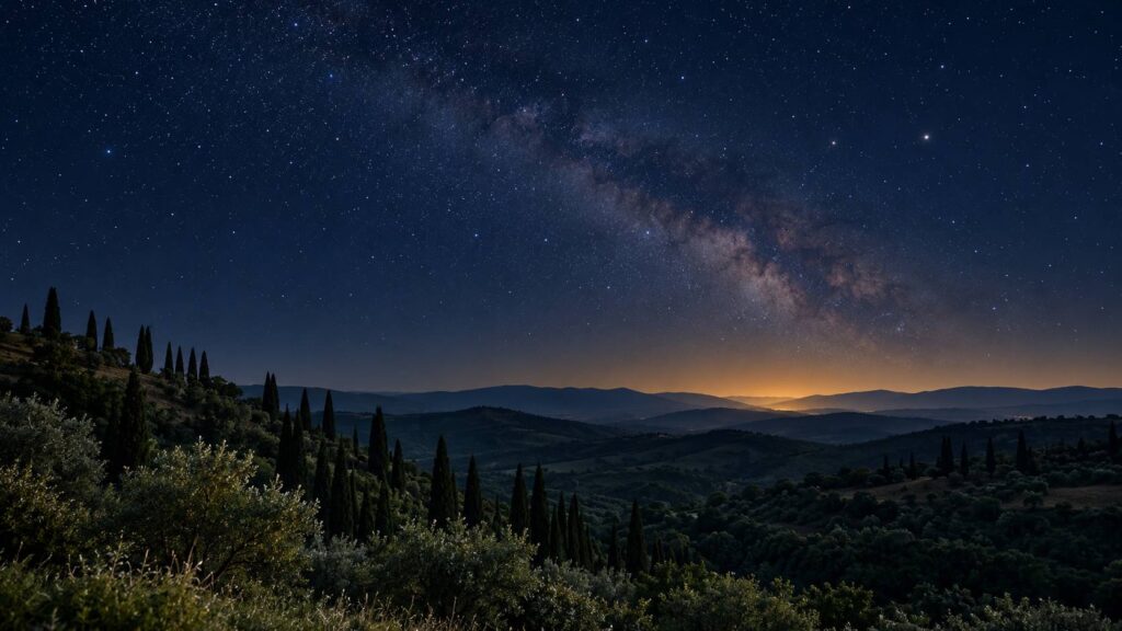Ciel nocturne dégagé au dessus de collines basses avec quelques étoiles brillantes