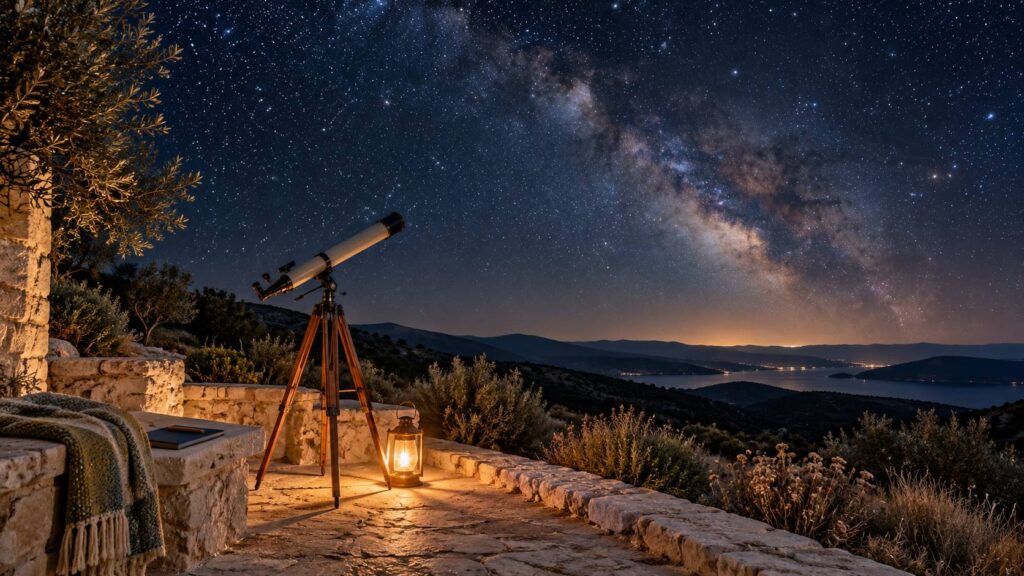 Ciel nocturne étoilé au-dessus d'une colline sombre avec un petit télescope sur trépied