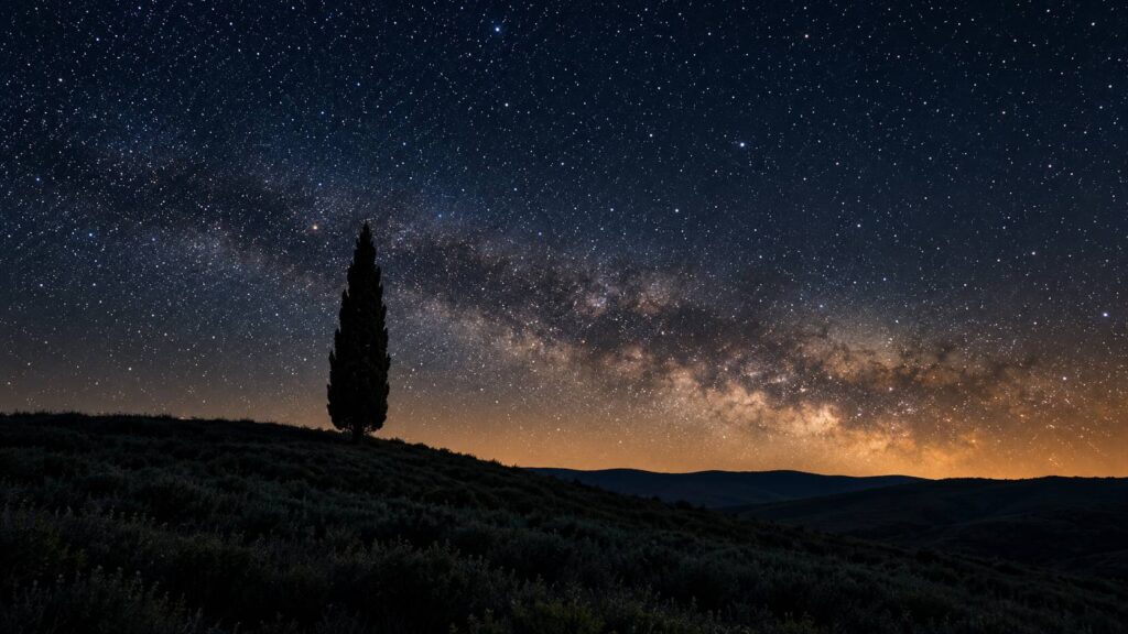 Ciel nocturne étoilé au-dessus d'une colline sombre avec un cyprès en silhouette