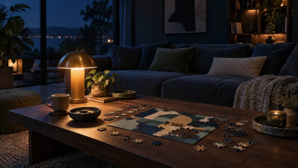 Puzzle geometrique partiellement assemble sur une table le soir