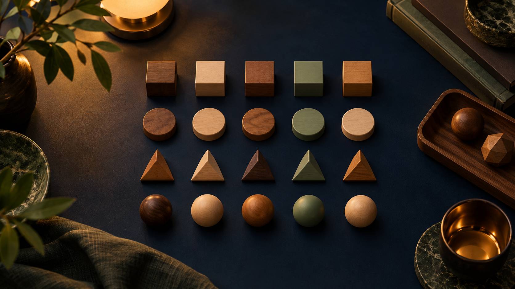 Pieces d'un jeu de reflexion alignees sur une table en lumiere tamisee