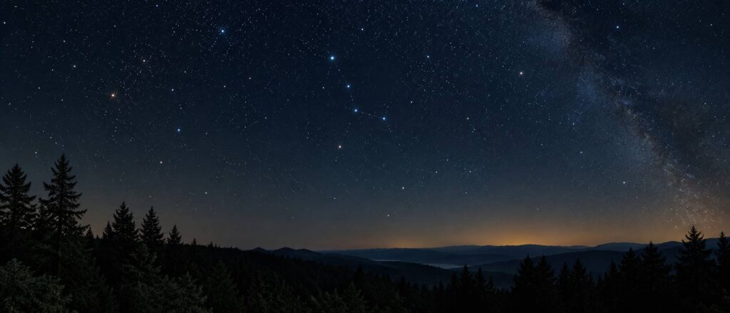 Ciel étoilé au-dessus d'un paysage sombre avec une constellation au centre