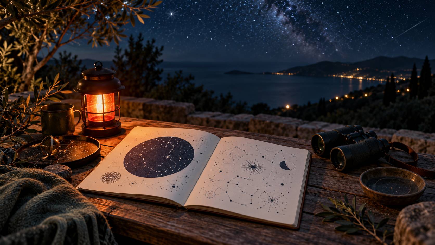 Carnet d'astronomie, jumelles et lampe rouge sous un ciel etoile