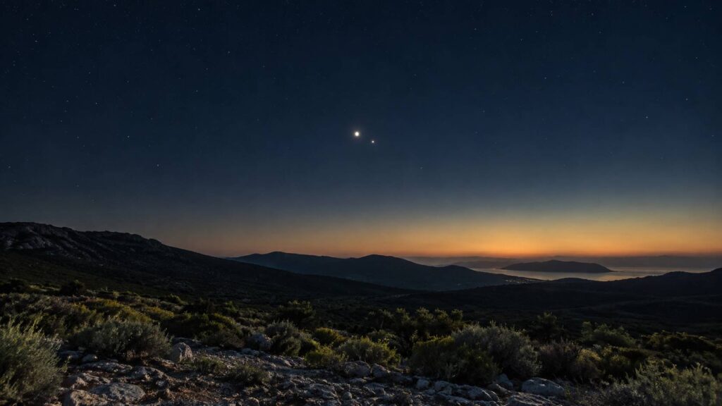 Deux étoiles proches dans un ciel nocturne au-dessus d'une crête de collines sombres