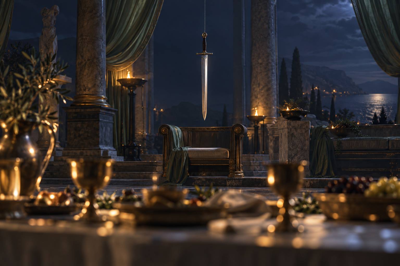 Épée générique suspendue par un seul crin au-dessus d'un siège de banquet antique vide