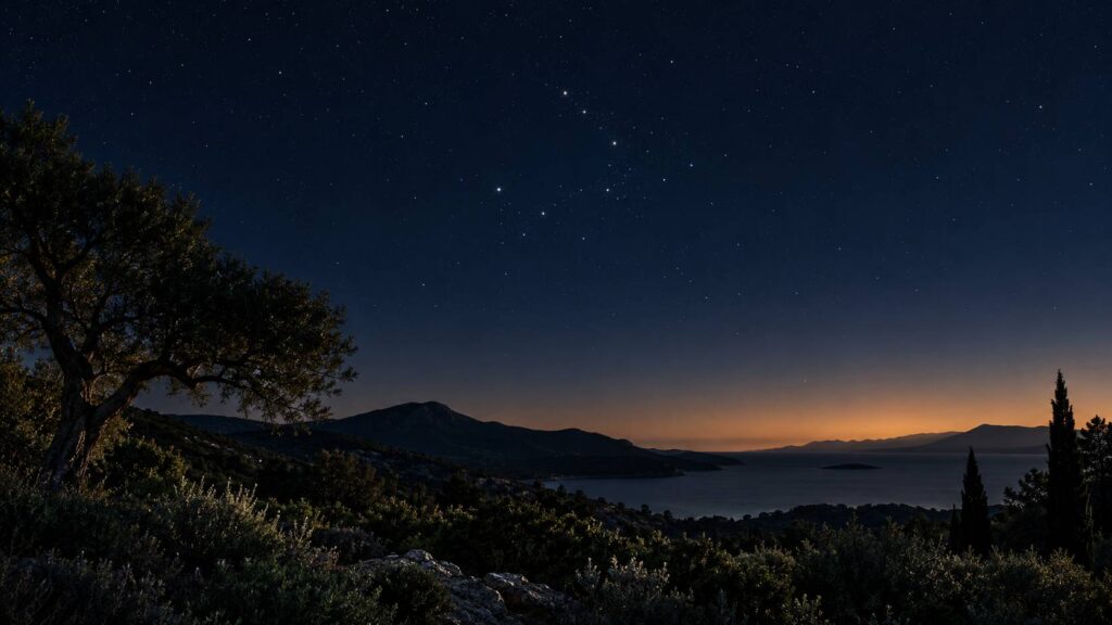 Ciel étoilé au-dessus d'un paysage sombre avec un groupe d'étoiles au centre