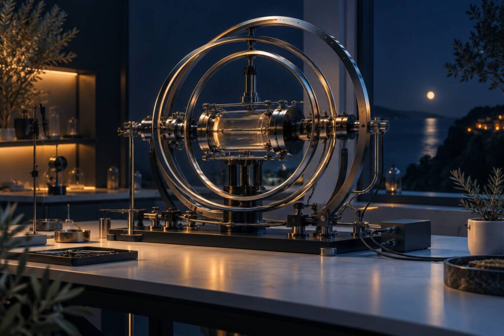 Appareil scientifique de precision avec anneaux metalliques concentriques sur une table de laboratoire