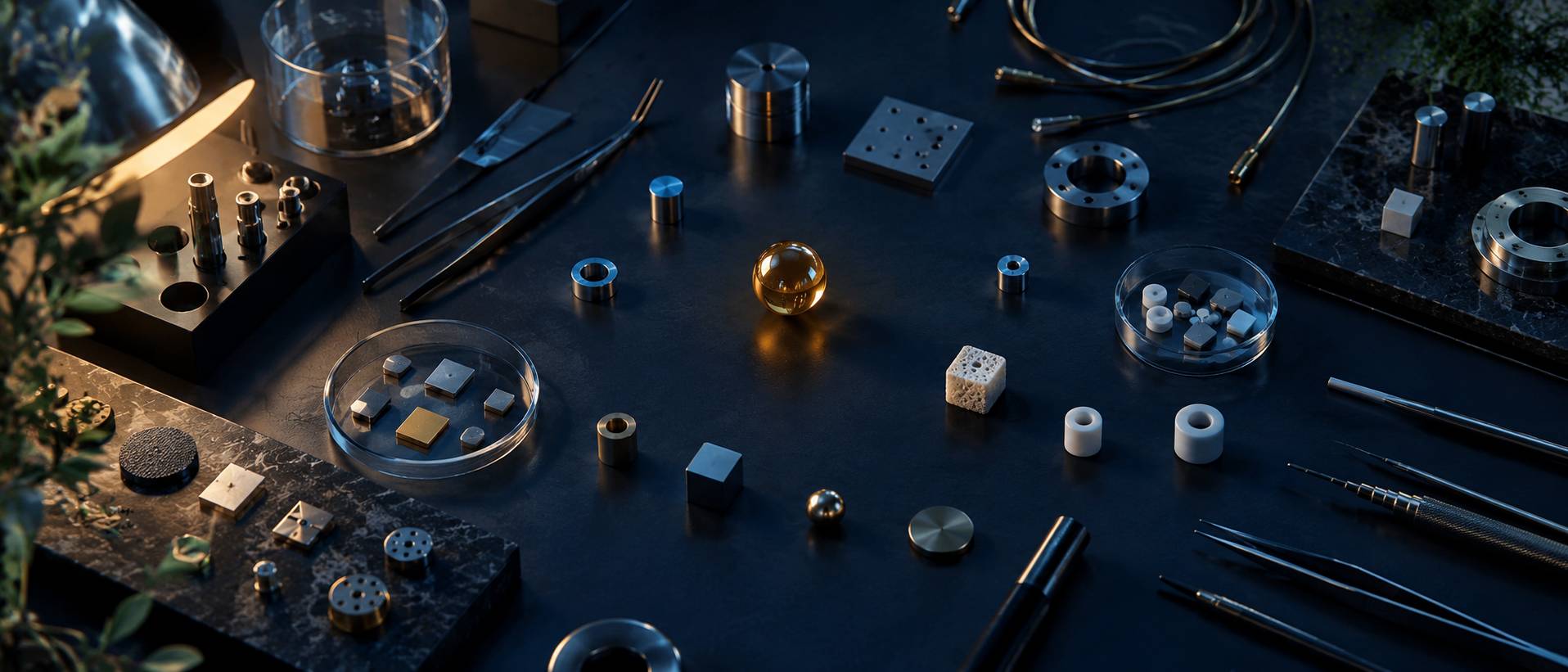 Composants de laboratoire alignes avec une sphere brillante au centre