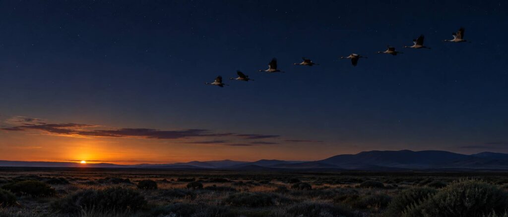 Oiseaux migrateurs en formation au-dessus d'une plaine au crepuscule