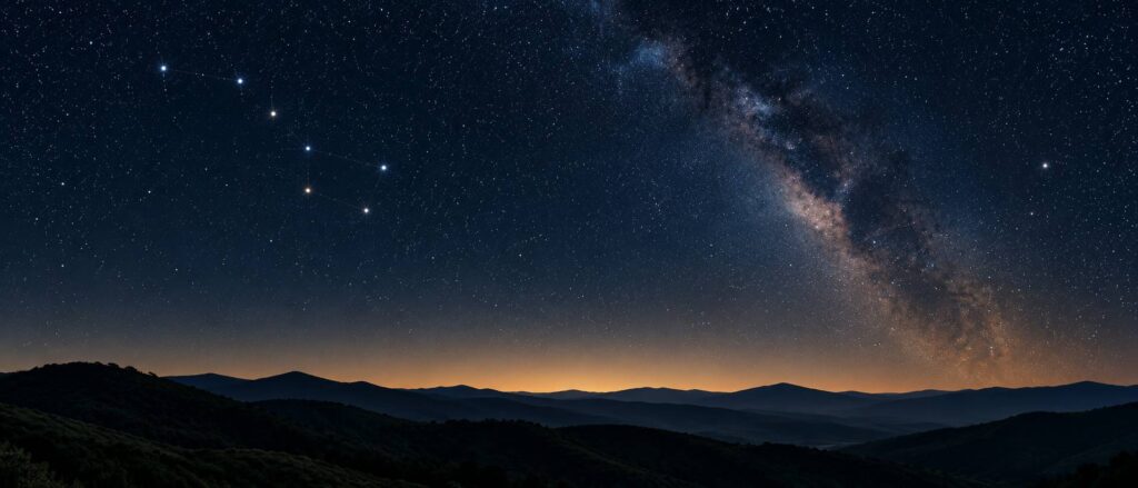 Ciel étoilé avec les sept étoiles de la Grande Ourse au-dessus de collines