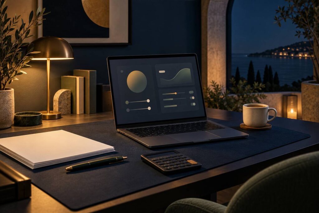 Ordinateur portable ouvert sur un bureau sobre avec documents et calculatrice