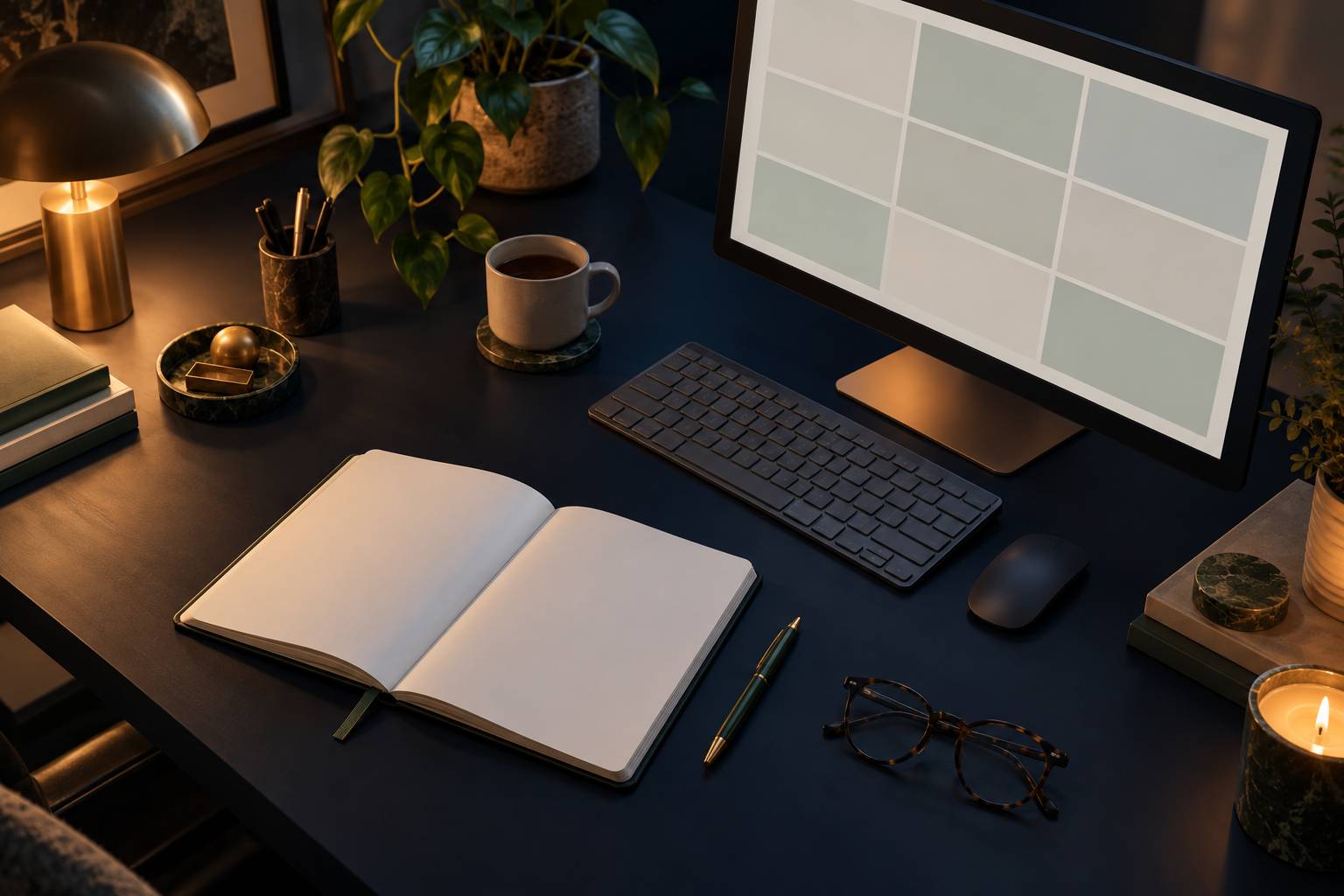 Clavier d'ordinateur et carnet vierge sur un bureau sombre eclaire doucement
