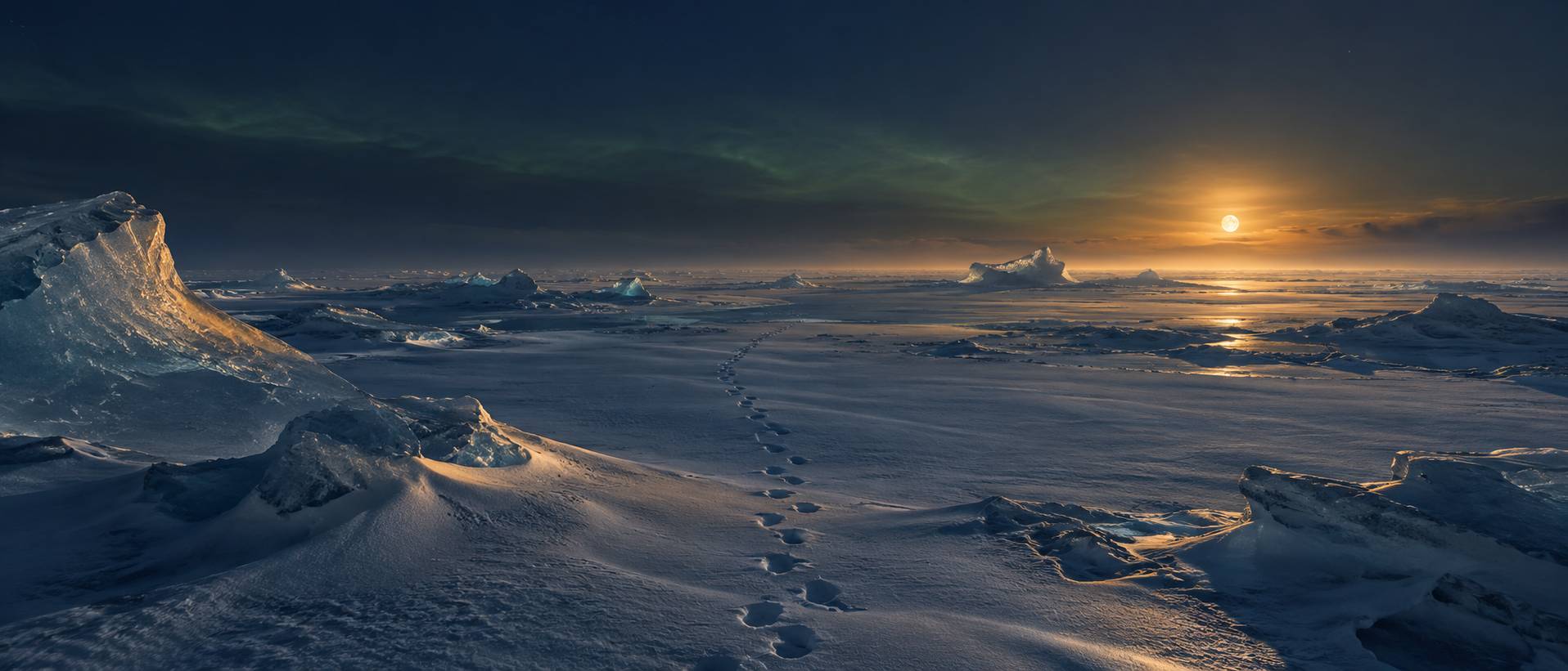 Banquise etendue avec traces de pas dans la neige vers l'horizon